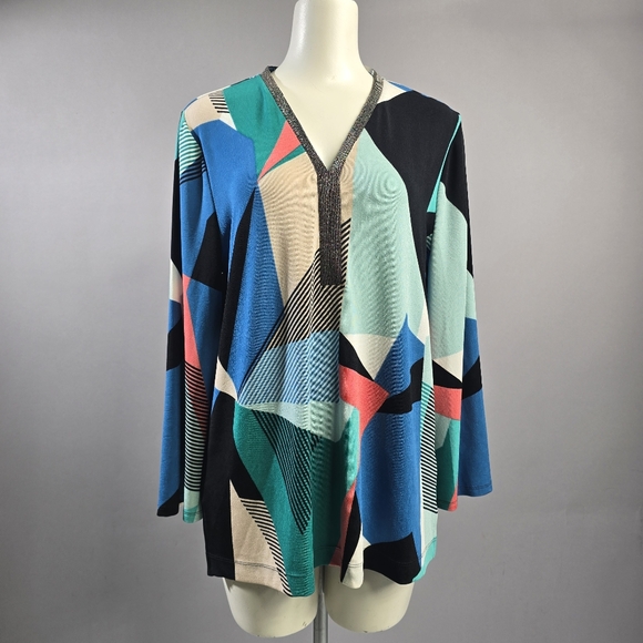 Chico's Multicolor Geometric V-Neck Top R6 - Picture 1 of 4
